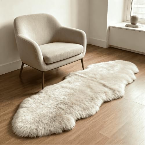 AOGELAN Genuine Sheepskin Rug 2' x 6' Cream Brown Double Pelt Patchwork