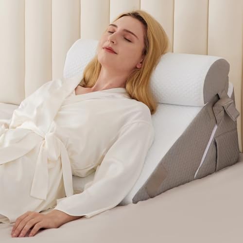 BIEEZZK Adjustable Wedge Pillow Set for Post-Surgery & Acid Reflux Relief, Memory Foam Support, White/Grey