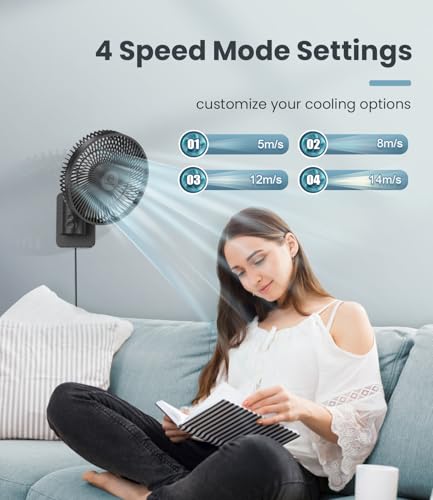 LEMOSTAR 8 Inch Black Wall Mount Fan with Remote, Oscillating, 4 Speeds, Timer