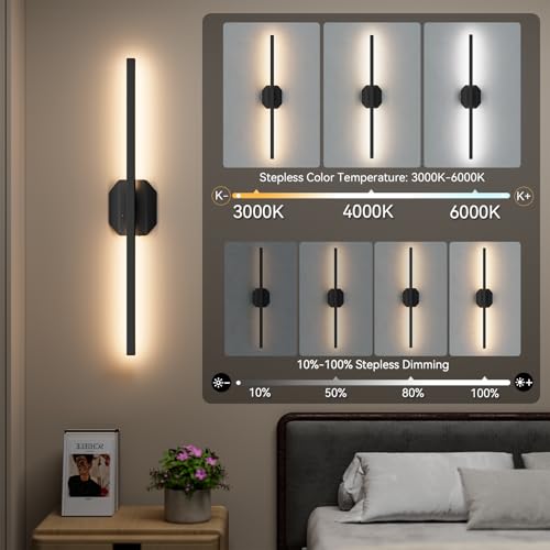 Wireless Rechargeable Wall Sconce Set of Two with 360° Rotation, Dimmable 3000K-6000K, 28 Inch - Wall Decor Lighting