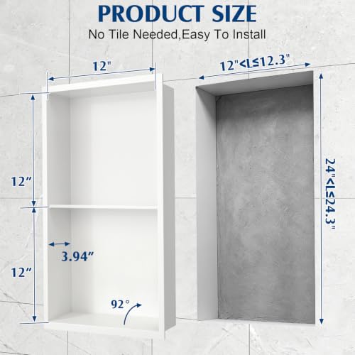 24x12 Inch Stainless Steel Recessed Shower Niche with Shelf - White / 24H×12W