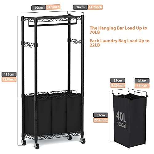 Hodonas Rolling Laundry Basket with Wheels & Hanging Bar - Black