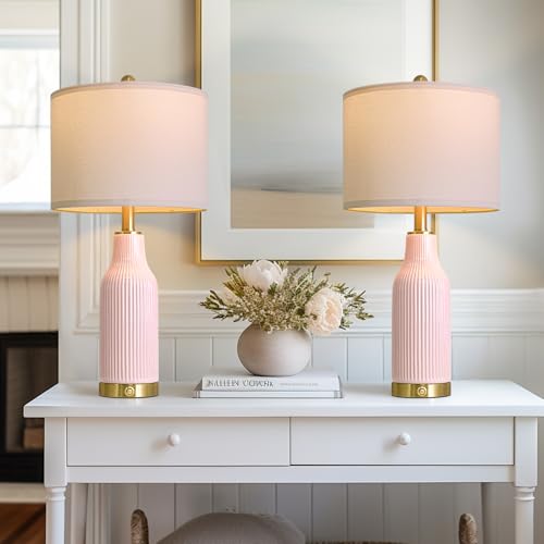24.5-Inch Dimmable Touch Control Ceramic Table Lamp Set - Pink, 2-Pack with USB A+C Ports - Modern Farmhouse Nightstand Lamps - Variation: 24.5"-TU-Pink