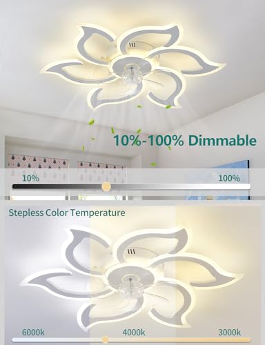 SIJINCHEN 33.5 Inch White Flower Ceiling Fan with Lights & Remote - Modern Low Profile Flush Mount Fan for Bedroom & Kitchen