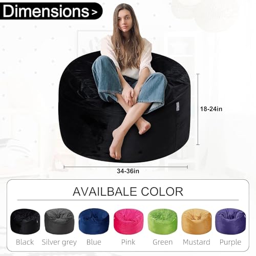 Black 3Ft Velvet Bean Bag Chair for Adults with Memory Foam Filling - Plush Lazy Sofa