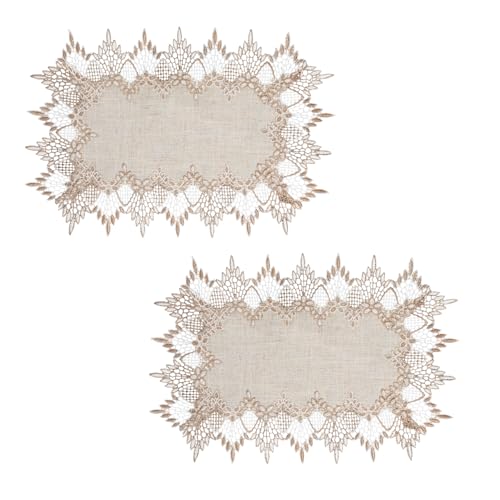 Natural Linen Placemats Set of 2 – Beige Lace Embroidered Table Mats, 13x20 Inch, Elegant Dining Decor