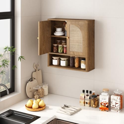RUSTOWN Rattan Bathroom Wall Cabinet with 2 Arched Doors & Adjustable Shelf – Natural Oak