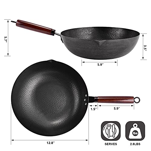 12.8-Inch Carbon Steel Wok with Lid and Accessories Set - Non-Stick Honeycomb Design