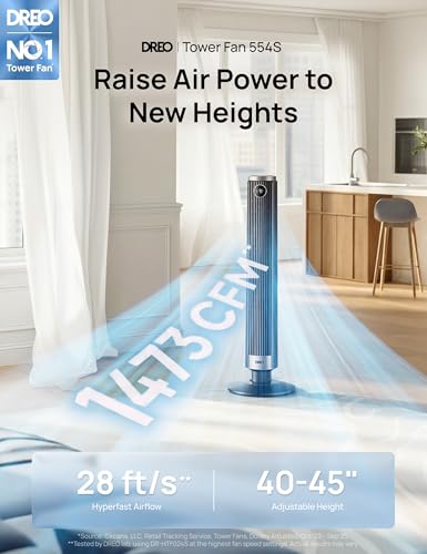 DREO Smart Tower Fan for Bedroom - Black, 40-45 Inch Adjustable Height, 9 Speeds
