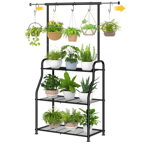 3-Tier Rectangular Heavy Duty Metal Plant Stand with Extendable Hanging Rod - Indoor Outdoor Garden Shelf