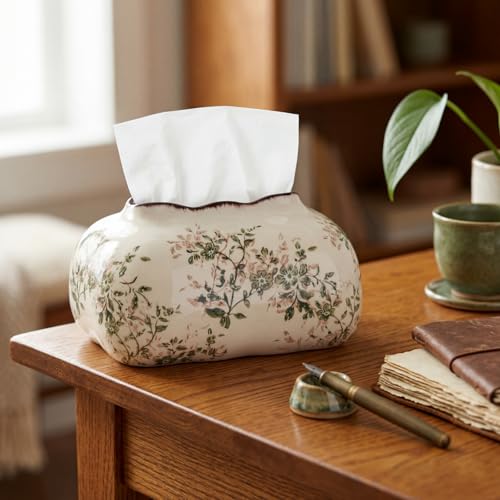 Retro Floral Ceramic Tissue Box Cover - Vintage Tissue Holder for Bathroom, Kitchen & Living Room - Yalikop