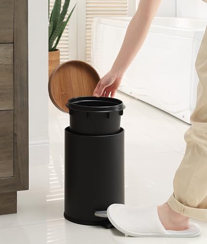 Black Bamboo Lid Trash Can 4.5L Steel Waste Bin with Plastic Inner Bucket