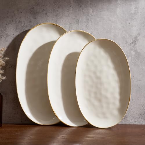 Famiware Serving Platters Set of 3 - Oval Vanilla White with Wave Design
