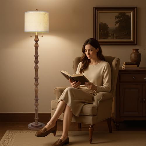 Dark Brown 65.5-Inch Real Wood Floor Lamp with Dual Pull Chain Switch
