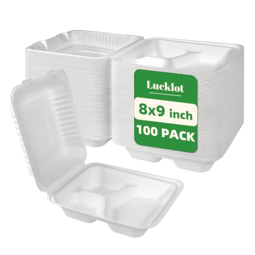 Lucklot 100 Pack 8x9 Inch Compostable Bagasse Food Containers - Eco-Friendly Takeout