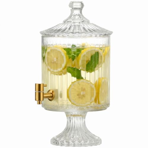 2.2 Gallon Clear Crystal Ribbed Glass Drink Dispenser with Stand & Gold Spigot