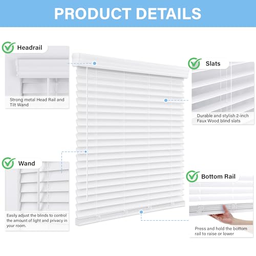 AOSKY 2-Inch Cordless Faux Wood Blinds White 34" W x 60" H — Inside Mount