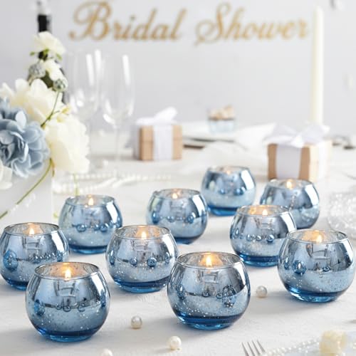 LAMORGIFT 24 Pcs Blue Votive Candle Holders - Blue Mercury Glass Centerpieces for Wedding Decor