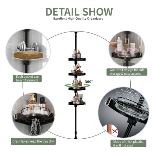 Black 4-Tier Rotating Tension Pole Shower Organizer - Adjustable Bathroom & Kitchen Caddy