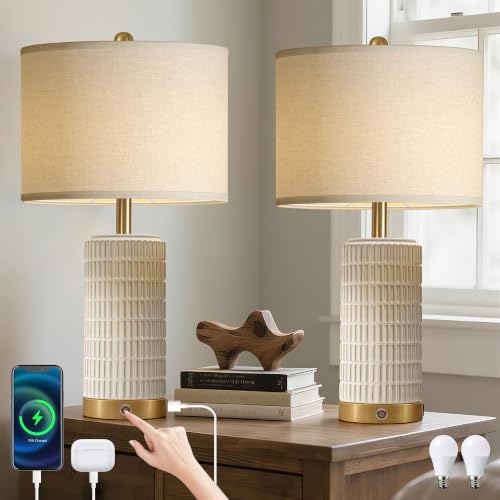 25-Inch Ceramic Touch Table Lamp Set of 2 - White Gold Variations
