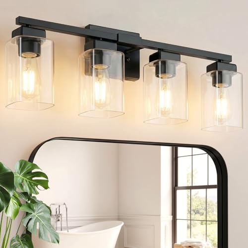 Bathroom Vanity Light Fixture - 27 Inch 4-Light Black Over Mirror - Modern Design with Glass Shades