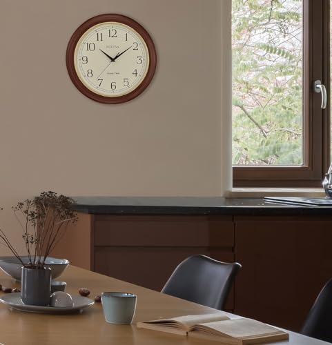 Large Bulova Atomic Time 2 Wall Clock - 12.4" Classic Wooden Frame, Auto Time Set