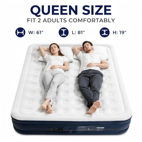 Queen Air Mattress with Built-in Pump - 19 Inch Hotel Height, 800 lbs Capacity
