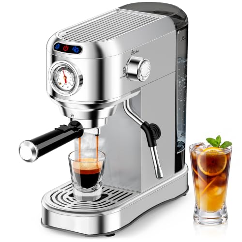 AERCANA Silver 20 Bar Espresso Machine with Milk Frother - Compact Coffee Maker
