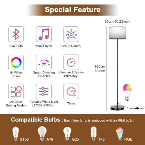 Floor Lamp for Living Room & Bedroom - White Smart RGB Dimmable Standing Light with Remote
