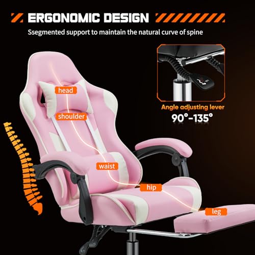 Sweetcrispy Pink White Gaming Chair with Lumbar Support & Ergonomic Design