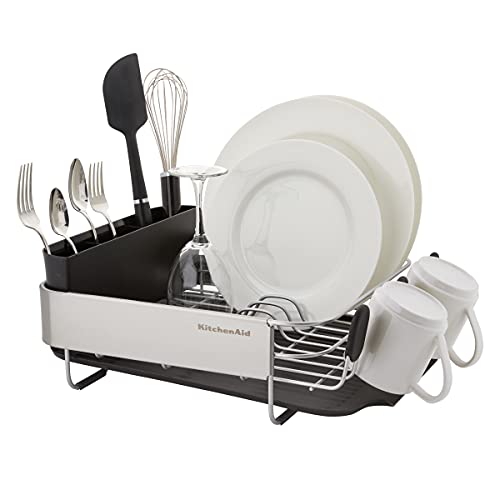 KitchenAid Compact Space Saving Black Dish Rack with Removable Flatware Caddy