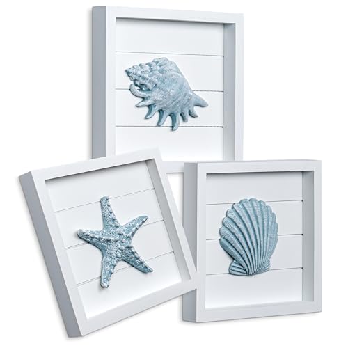 Tide and Tales 3D Coastal Wall Art, Beach Decor, Framed Set of 4, Blue