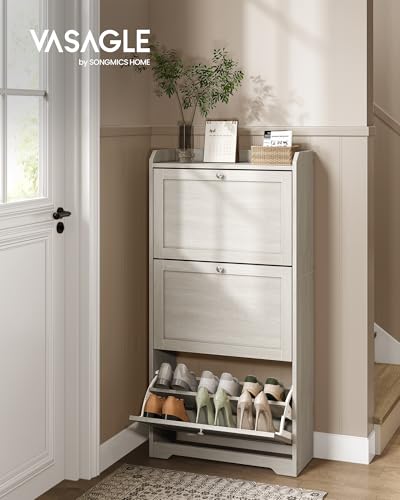 VASAGLE Oatmeal Beige Slim Shoe Storage Cabinet with 3 Flip Drawers, Holds 12-20 Pairs