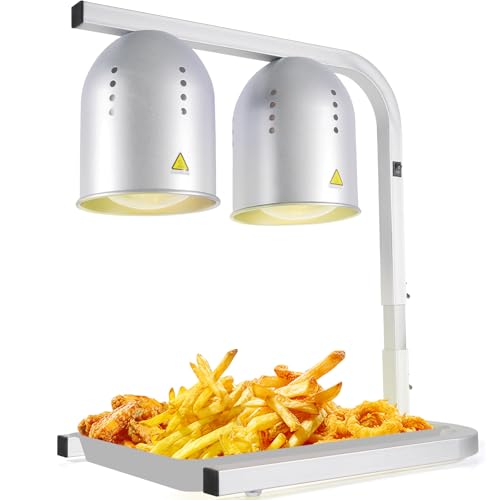 VORIGY Silver Food Heat Lamp with 2x 250W Bulbs, 5000+ Hour Lifespan, Adjustable Stand