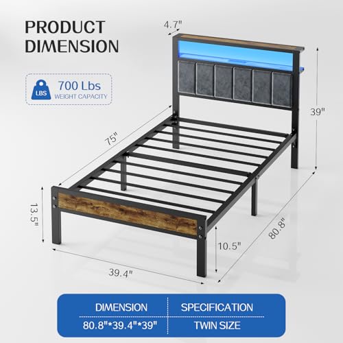 Liians Twin Size Bed Frame with LED Lights & Grey Upholstered Headboard