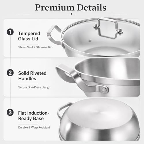 14-Inch Stainless Steel Deep Fry Pan with Lid - 7QT, Tri-Ply Construction