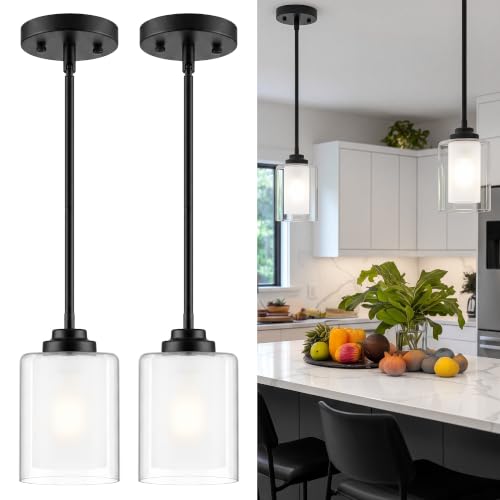 TENGXIN 2 Pack Matte Black Pendant Lights for Kitchen Island with Dual Glass Shades - Adjustable Height