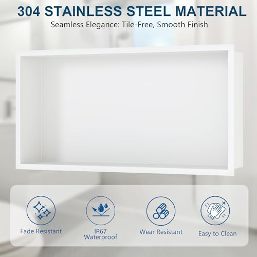 Neodrain 24x12-Inch Stainless Steel Shower Niche - White, Easy Install