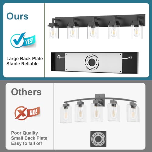 Leifod Matte Black 5-Light Bathroom Vanity Light with Clear Glass Shades - Modern Fixture, Over Mirror, 36 Inch