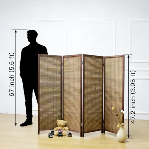 Brown 4-Panel Short Room Divider Screen - Freestanding Bamboo Partition for Small Spaces