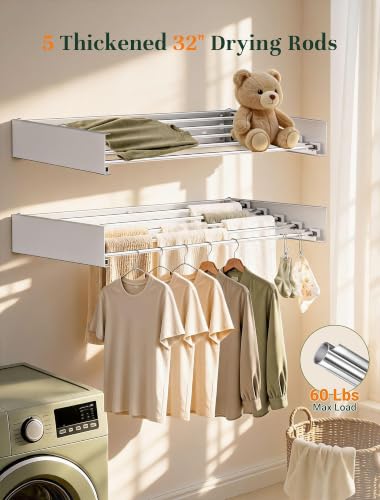 Wall Mounted Clothes Drying Rack 32'' Foldable Laundry Hanger with Hooks