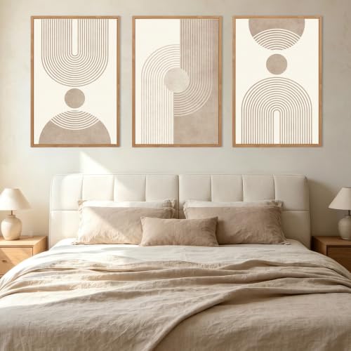 BINCUE Beige Neutral Geometric Canvas Wall Art Set of 3 16x24 Inches Mid-Century Modern Decor