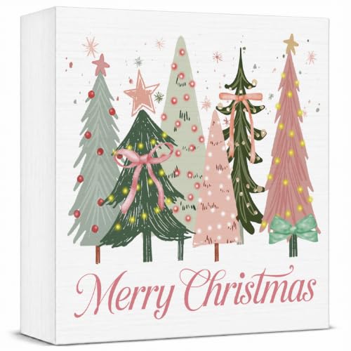 FXEFXE Merry Christmas 5x5 In Wooden Box Sign – Pink Coquette Bow Desk Decor