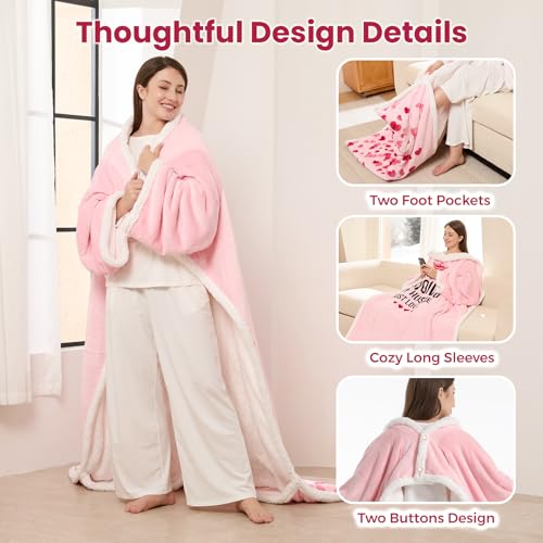 Pink Wearable Heated Blanket with Sleeves & Foot Pocket - Electric Throw for Women, 3 Heat Levels, Timer, Safe & Cozy Gift