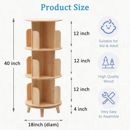 Gdrasuya10 3-Tier Rotating Wooden Bookshelf with Legs, Space-Saving Round Display Shelf