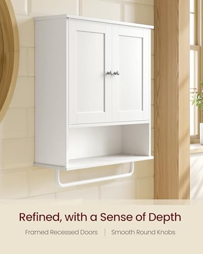 VASAGLE Wall Mounted Bathroom Cabinet with Towel Rod - Cloud White, 20" Rectangular, 2 Doors