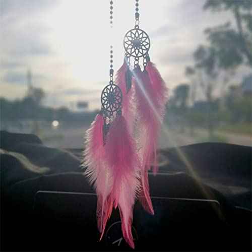 Dream Catcher car Interior Rearview Hanging Decor car Decorations for Women Feather Boho Hanging Decorations(Pink)