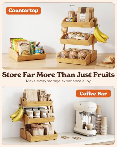 Natural Bamboo 3-Tier Fruit Basket with 2 Banana Holders - Kitchen Organizer