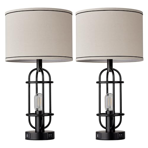 Reaketon 22.3” Farmhouse Table Lamps Set of 2 - Matte Black with USB Charging Ports