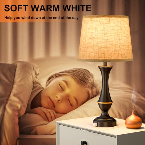 Touch Nightstand Lamps Set of 2 - 3 Way Dimmable with USB-C & A, Beige Shade & Black Base, 22 Inch